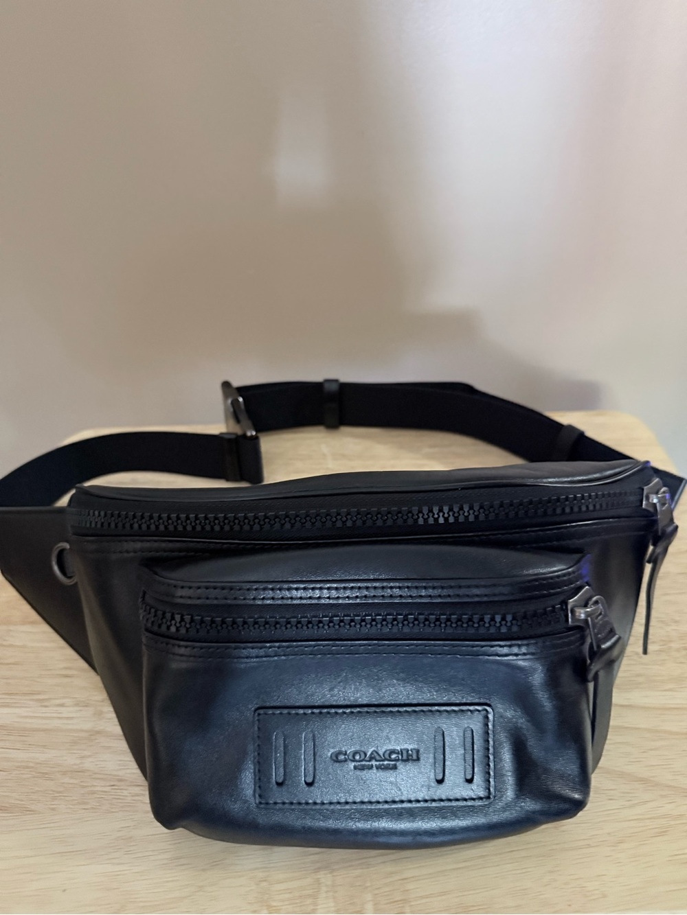 Coach Black Leather Waist Bag with Front Zip Pocket